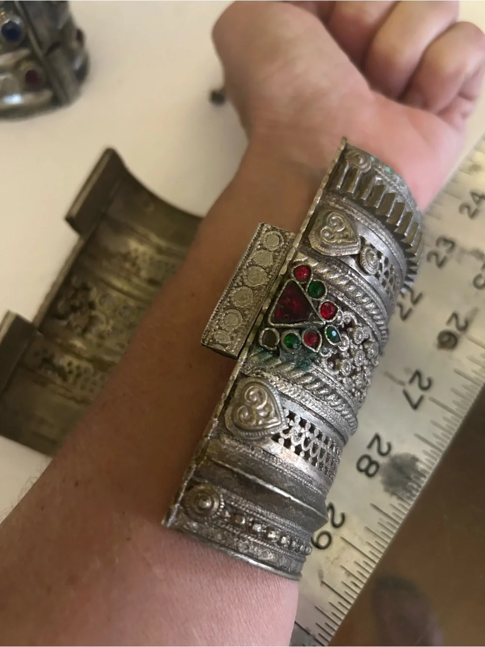 Ornate Silver-Tone Decorative Cuff with Red & Green Stones from India